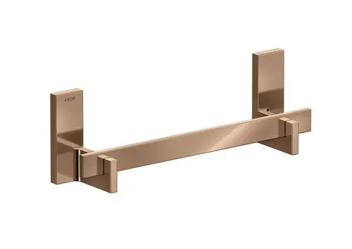 Wandmontierte Haltestange in poliertem Rotgold von AXOR mit rechteckiger Form und schlichten, geometrischen Elementen.